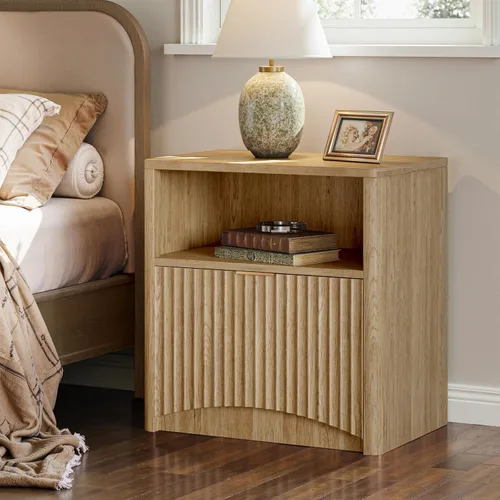 Miniatura 3 de Evermagin Mesita de noche acanalada, mesita de noche de roble natural con cajón y almacenamiento, mesa auxiliar de madera moderna de mediados