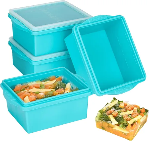 Xomoo Bandejas de silicona para congelador de 2 tazas con tapas, moldes de silicona para congelar sopa - A prueba de fugas, sin BPA, apilables, Azul