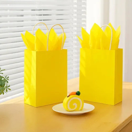 Miniatura 5 de SUNCOLOR 24 paquetes de bolsas de regalo de papel amarillo con asas, 7.9x5.12x3.15 pulgadas, pequeñas bolsas de papel kraft, incluye papel de seda