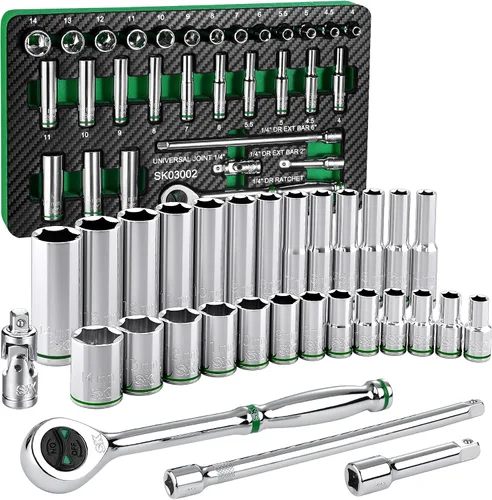 SK Juego de llaves de 1/4 pulgadas con trinquete de 160 dientes, 30 piezas, métricas, acabado SuperKrome, construcción premium CR-V, con organizador