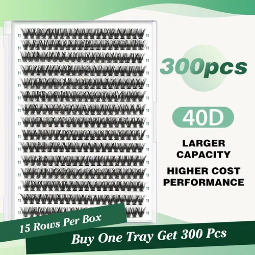 Miniatura 35 de Extensiones de racimos de pestañas 300 piezas, pestañas individuales 40D 0.07D rizado 11mm, para colocar en casa, bandeja grande de volumen