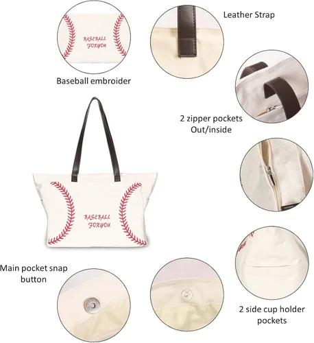 Miniatura 4 de Bolsas de béisbol para mujer, bolsas de lona gruesa con bolsillos, artículos esenciales deportivos para mamá, accesorios para el día del juego