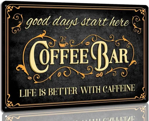 Letrero de cafetería Vida es mejor con cafeína Placas vintage de metal para decoración de cocina, cafetería, hogar, estación de café 8 x 12 pulgadas