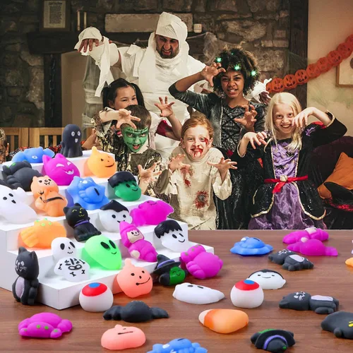 Miniatura 5 de Paquete de 50 bolsas de golosinas de Halloween, juguetes esponjosos Mochi, recuerdos de fiesta para niños, juguetes para la ansiedad Kawaii