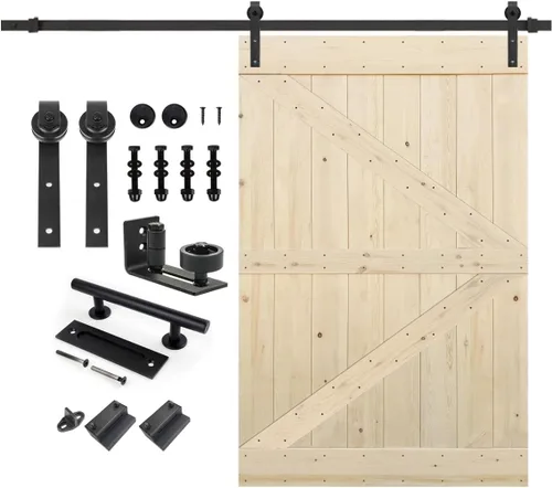 Miniatura 13 de S&Z TOPHAND 20 pulgadas x 84 pulgadas. Puerta de granero anudada británica sin terminar con kit de herrajes deslizantes de 4 pies/madera