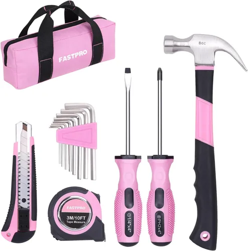 FASTPRO Kit de herramientas rosa de 14 piezas, juego de herramientas de mano para mujeres, herramientas domésticas para mantenimiento y reparación