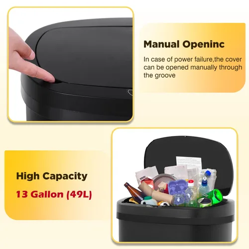 Miniatura 4 de BestOffice Papelera de 13 galones de plástico con tapa Negro oscuro Bote de basura automático sin contacto Control de olores Diseño