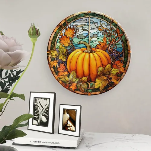 Miniatura 5 de Platos decorativos de calabaza de otoño con diseño de vitrales, platos de cerámica para decoración del hogar, exhibición de platos llanos para sala