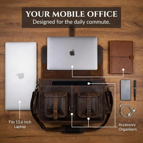 Miniatura 3 de cuero Bolso mensajero de cuero para hombre, bolsa para laptop de 14 pulgadas, bolsa cruzada para hombre, bolso cartera de cuero vintage hecho a mano