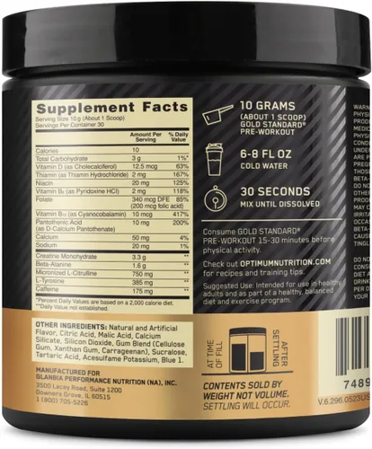 Miniatura 8 de Suplemento Dorado Estándar para antes del entrenamiento Optimum Nutrition, para 30 porciones, 10.6 onzas, 2730503, 1, 1