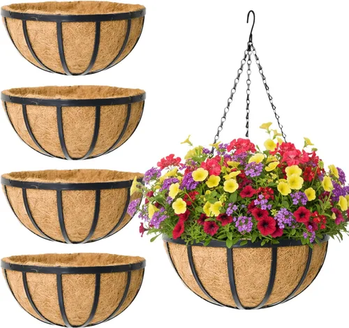 Miniatura 9 de Paquete de 2 cestas colgantes redondas de 12 pulgadas con revestimientos de coco, cestas colgantes de metal para plantas al aire libre, maceta
