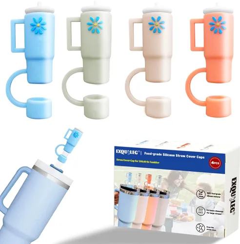 Fundas de paja de silicona compatibles con vasos Stanley, paquete de 4 adornos de paja para tazas de 30 y 40 onzas
