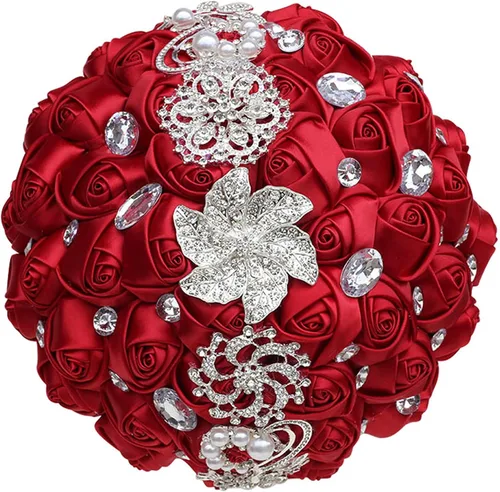 Miniatura 5 de XINNI Ramo de boda nupcial hecho a mano novia dama de honor satén rosa ramo de flores con diamantes de imitación perla encaje decoración de boda