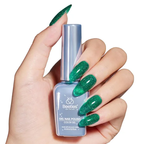 Beetles - Esmalte de uñas de gel verde, esmalte de gel verde brillante con purpurina, esmalte de gel de secado de primavera, curado con luz UV para