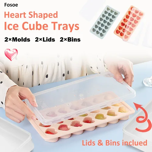 Miniatura 4 de Paquete de 2 bandejas para cubitos de hielo en forma de corazón con tapas, moldes de silicona para cubitos de hielo en forma de corazón con 42