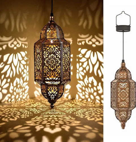 Twinkya Paquete de 2 luces solares colgantes para jardín, farol solar decorativo para exteriores, impermeables, de metal, marroquí, decoraciones al