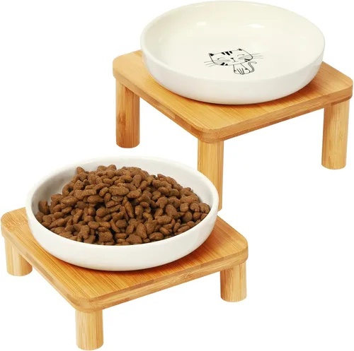 Miniatura 10 de DoogCat Cuencos elevados para gatos de interior – Mesa elevada de bambú para gatos con 2 platos de cerámica, altura ajustable