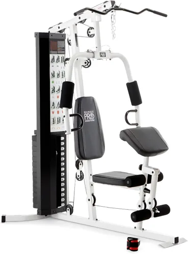 Marcy Estación de entrenamiento de gimnasio en casa con almohadilla para rizos, lat pulldown, desarrollador de piernas y pesas, color blanco