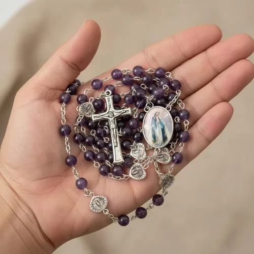 Miniatura 4 de Nazareth Store Cuentas de piedra natural con corazón de epoxi milagroso, cuentas de metal, collar de rosario, regalos cristianos de piedras preciosas