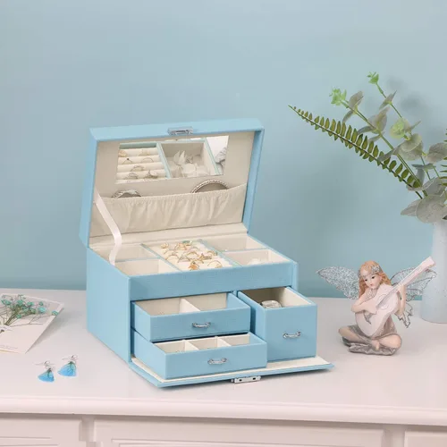 Miniatura 2 de BEWISHOME SSH78L - Joyero de 20 secciones para niñas, organizador de joyas con cerradura portátil para mujeres, niñas, niños, color azul