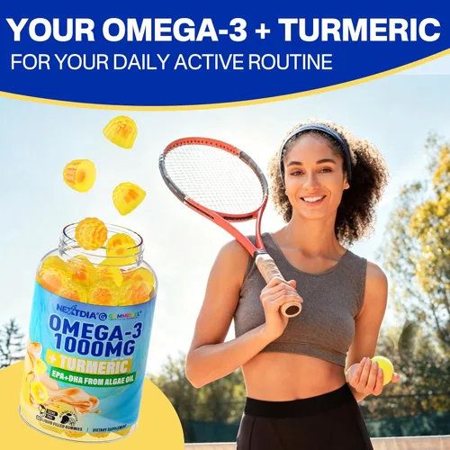 Miniatura 8 de Gomitas omega-3 + cúrcuma, alternativa de aceite de pescado Omega 3 para adultos, algas DHA de 600 mg y EPA 300 mg, vitaminas A, C, E, zinc y MSM