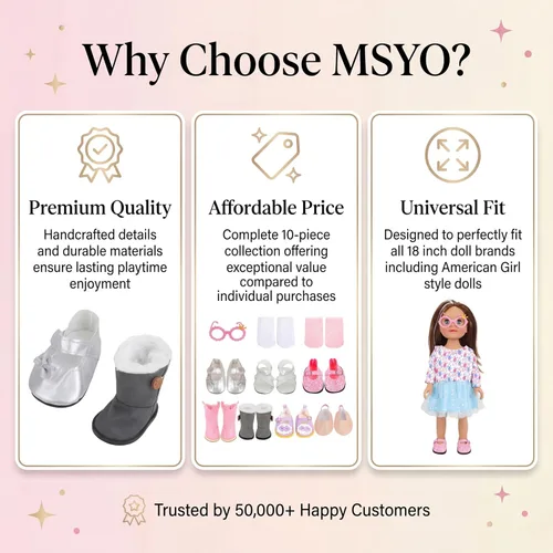 Miniatura 4 de MSYO Juego de 10 zapatos y accesorios de muñeca de 18 pulgadas, 6 pares de calzado de muñeca de moda + 2 pares de calcetines + 1 lentes de sol, se