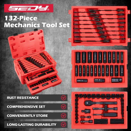 Miniatura 8 de Juego de herramientas mecánicas premium de 132 piezas, juego de dados SAE/métrico de 1/4" y 3/8", llaves de trinquete, extensiones y adaptadores