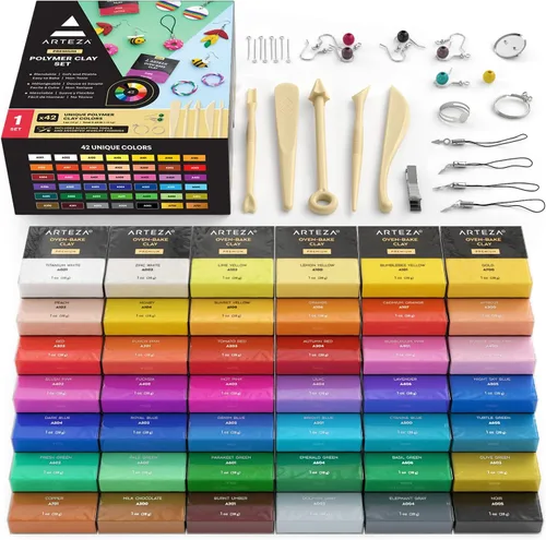 ARTEZA Kit de arcilla polimérica, 42 colores con 5 herramientas, arcilla para modelar al horno para hacer joyas, manualidades, escultura y proyectos