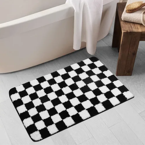 Miniatura 12 de Uphome Juego de alfombras de baño de 3 piezas, juego de alfombras de baño a cuadros en blanco y negro, antideslizantes, lavables a máquina, tapete
