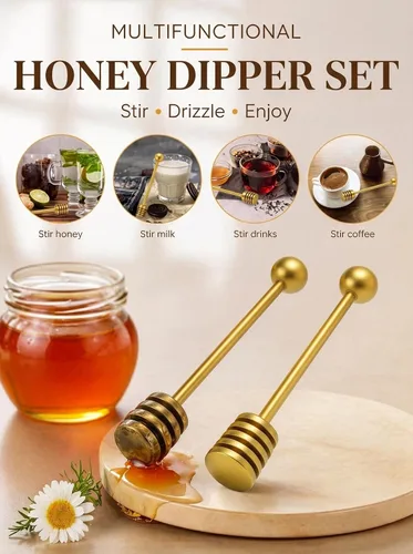 Miniatura 5 de DUGATO Gold Honey Dipper Set (2 unidades, 6.3 pulgadas) – Palitos de panal de acero inoxidable 304 para tarro de miel, rociador de jarabe, agitador