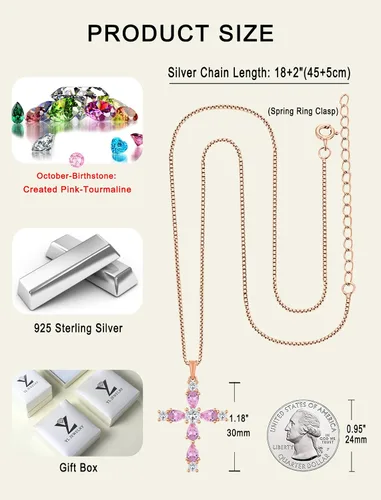 Miniatura 28 de YL Collar de cruz de plata de ley 925 con colgante de piedra natal religiosa para mujer