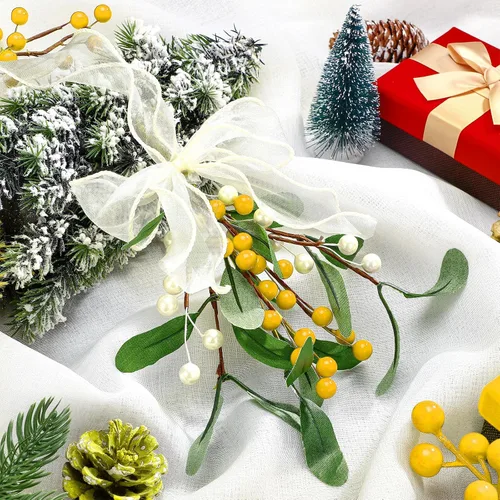 Miniatura 7 de Chunyin 2 piezas de muérdago de decoración navideña artificial de muérdago, decoración navideña con bayas y lazo de cinta blanca, bola de beso