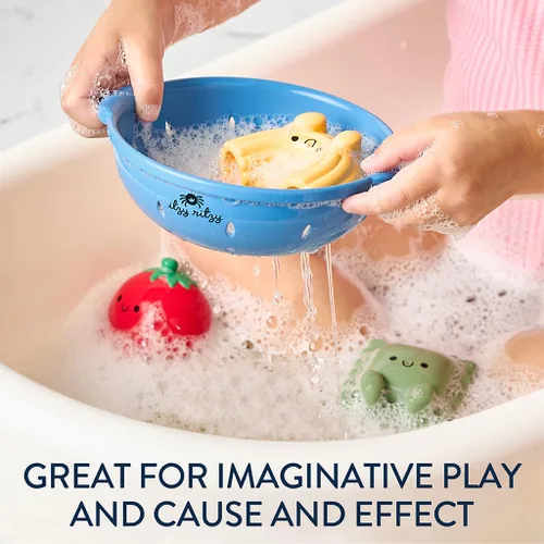 Miniatura 4 de Itzy Ritzy Juguetes de baño Squirter – Juego de 3 juguetes de baño texturizados en forma de pasta y 1 colador de espolvoreo – Itzy Splash Pals Fruta