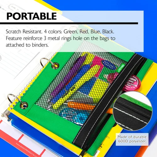 Miniatura 5 de BAZIC Products Estuche para lápices de 3 anillos con agujeros de anillos reforzados con remaches, bolsas de malla de colores surtidos con cremallera