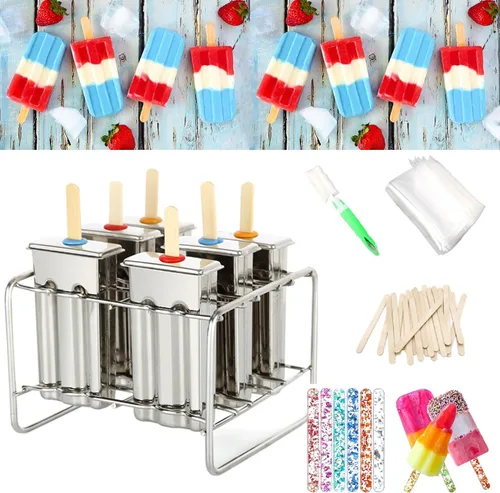Juego de 6 moldes de paletas de acero inoxidable, máquina casera para hacer golosinas de hielo con 50 palos de madera y 6 sellos de silicona y 20