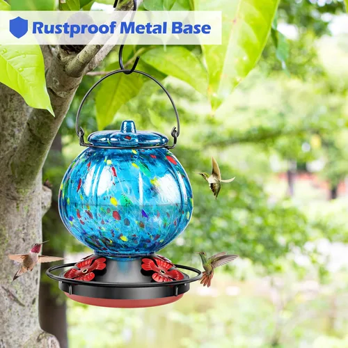 Miniatura 3 de Comedero para colibríes para exteriores – Comedero para pájaros de vidrio azul soplado a mano, a prueba de fugas, fácil de llenar y limpiar, 25