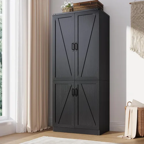 Miniatura 3 de Hlivelood Armario Ropero Estilo Granja de 75" de Alto con 2 Puertas con LED, Armario Independiente para Dormitorio con Barra para Colgar, Gabinete