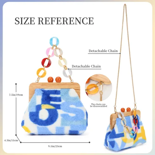 Miniatura 3 de Oweisong Bolso de mano de pana novedoso para mujer, bolso cruzado de piel sintética con cierre de beso de madera, bolso de hombro de felpa