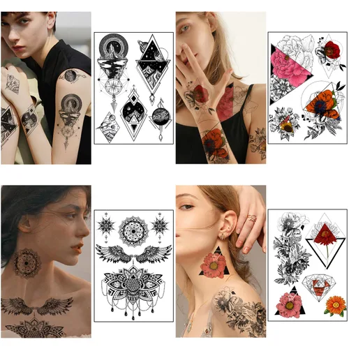 Miniatura 3 de Yazhiji 32 hojas de tatuajes temporales para adultos, tótem, flor de rosa, girasol, tatuajes falsos para mujeres y hombres, brazo planeta Hlalf