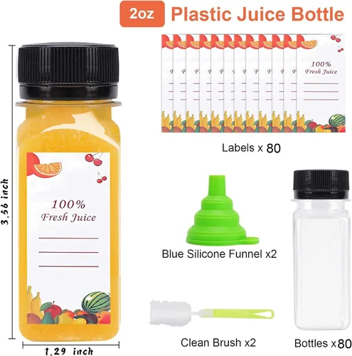 Miniatura 2 de OBKJJ 80 piezas de botellas de jugo de 2 oz, botellas de jugo con tapas reutilizables, botellas vacías transparentes con etiqueta, embudo, cepillo