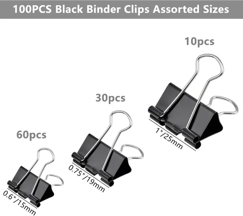Miniatura 2 de 100 clips para carpetas de varios tamaños, abrazaderas de papel negro, mediano, pequeño, mini 3 tamaños con caja para oficina, escuela y hogar