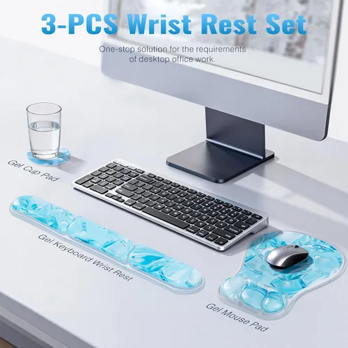 Miniatura 2 de Ospelelf Juego de alfombrilla de mouse con reposamuñecas de gel ergonómico para teclado, soporte de muñeca con parte inferior de goma Azul hielo
