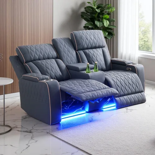 Miniatura 24 de Juego de Sofá Reclinable Eléctrico, Juego de Sofá y Sillón Reclinable de Cuero Negro, Juegos de Muebles de Sala de Estar, Sofá de Dos Plazas
