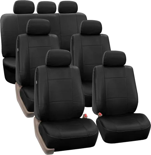 Fundas para asiento de PU para carro de 3 filas FH Group FH-PU002, compatibles con airbag y división de asientos Negro