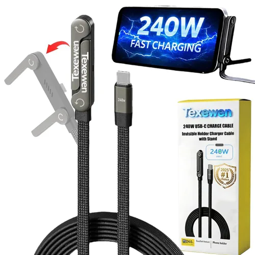Cable de carga USB-C de 240 W, soporte invisible tipo C, cargador de teléfono plano con soporte plegable lateral de carga trenzado plano Cable USB C