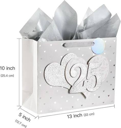 Miniatura 2 de LeZakaa Bolsa de aniversario de boda de 13 pulgadas con papel de seda, etiqueta y tarjeta de felicitación, bolsa de regalo con purpurina dorada