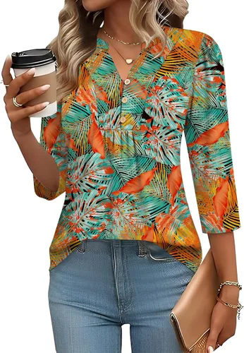 Miniatura 31 de IECCP Blusas de verano de manga 3/4 para mujer, estilo casual, cuello Henley, cuello en V, plisadas, ajuste holgado, blusas de trabajo