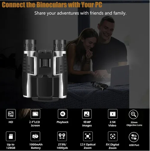 Miniatura 4 de Binoculares digitales LCD de 2.4 pulgadas con cámara, grabación de video de 48 MP 2.5K, óptica de 12 x 32, zoom digital 8X para observación de aves