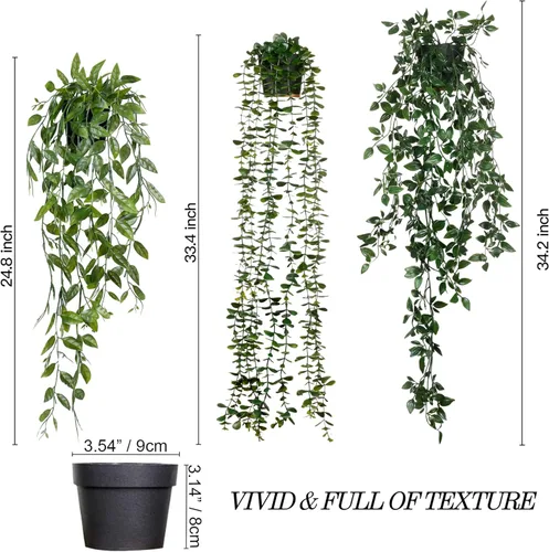 Miniatura 5 de Sggvecsy Plantas colgantes falsas, paquete de 3 plantas artificiales de eucalipto en maceta, mandala de eucalipto sintético, vainas de guisantes 3
