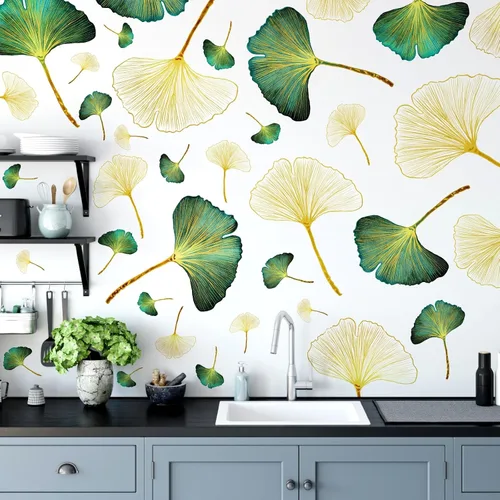 Miniatura 6 de Calcomanías de pared de hojas doradas, calcomanías de pared de hojas verdes, calcomanías de pared modernas para dormitorio, sala de estar, Oro